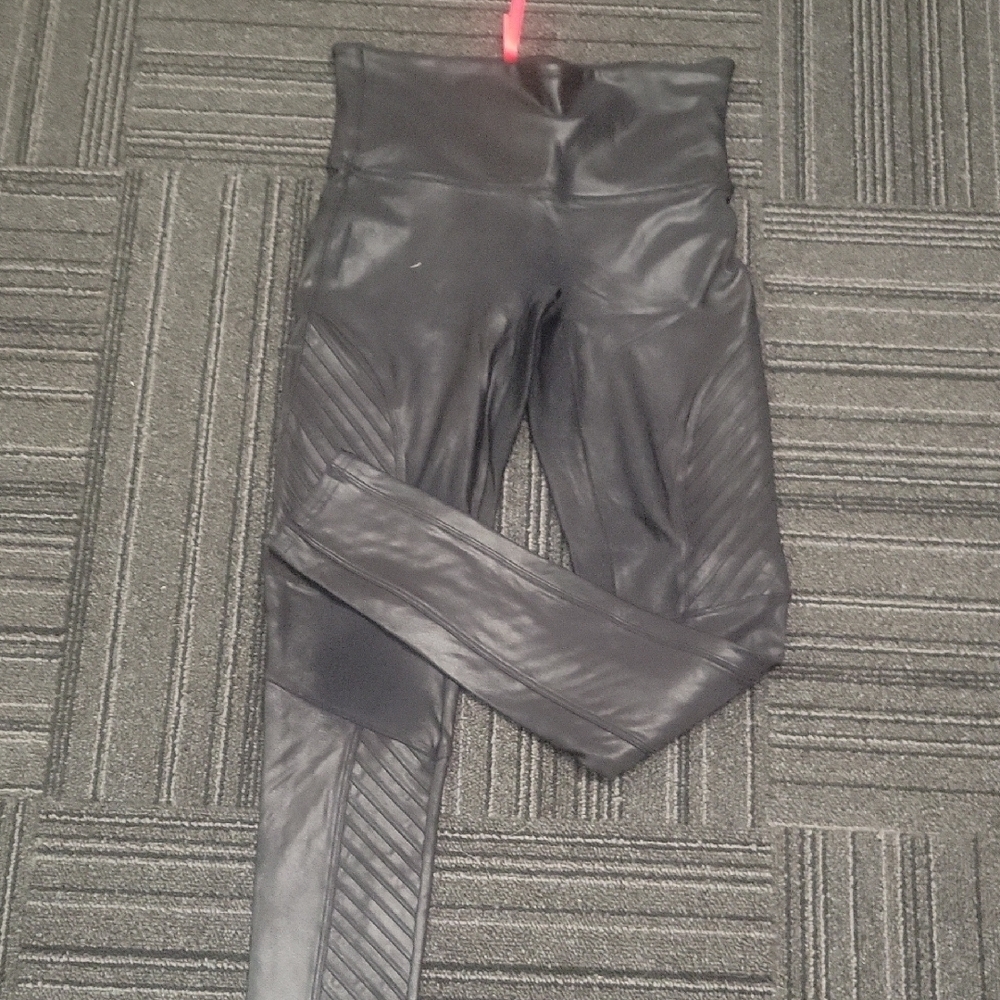 SPANX Black Leggings with Faux Leather, Size M